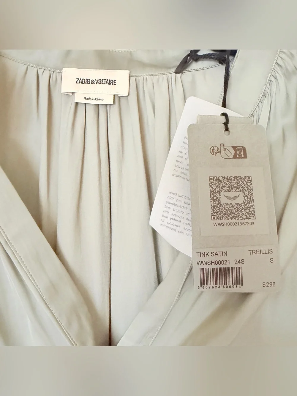 Zadig & Voltaire Tink Satin Sage Green V-Neck Long-Sleeve top - Picture 2 of 4